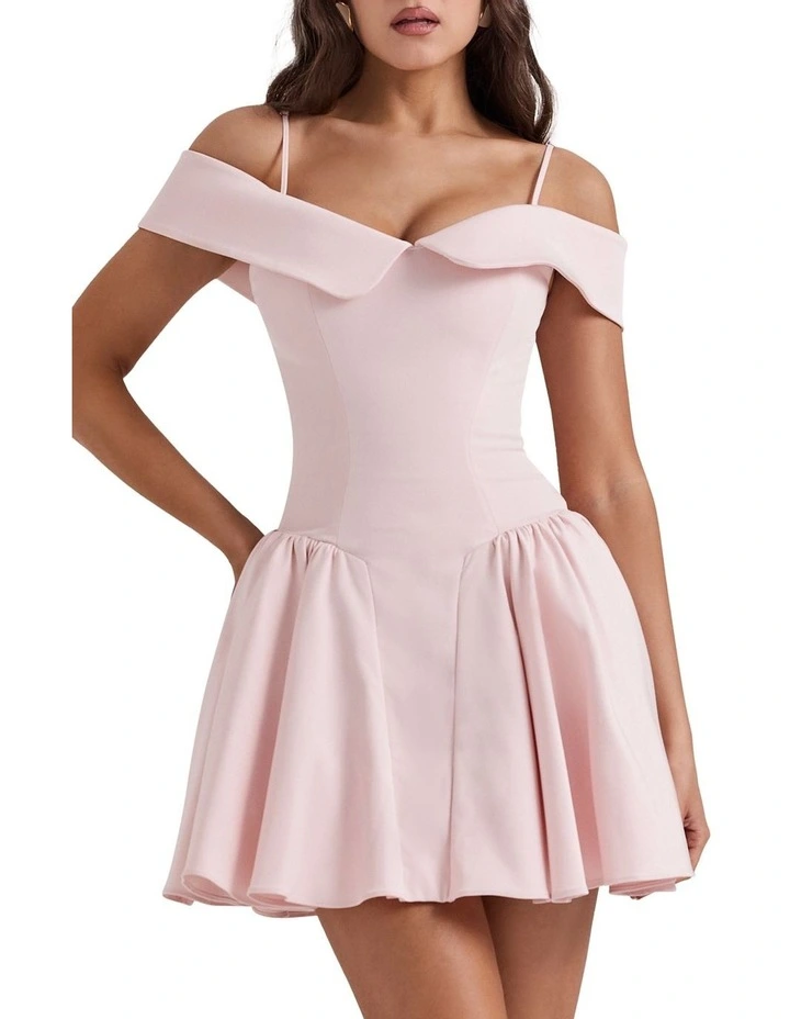 'Elida' Off Shoulder Mini Dress in Ballerina Pink