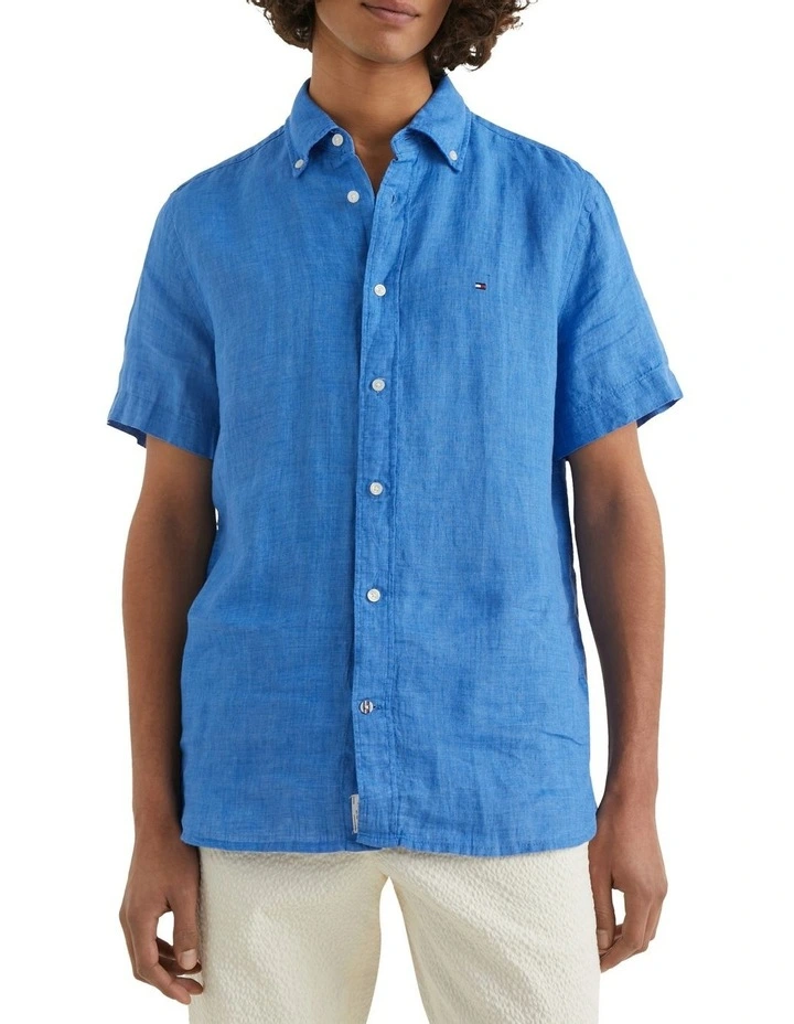 Short Sleeve Regular fit Linen Shirt in Blue