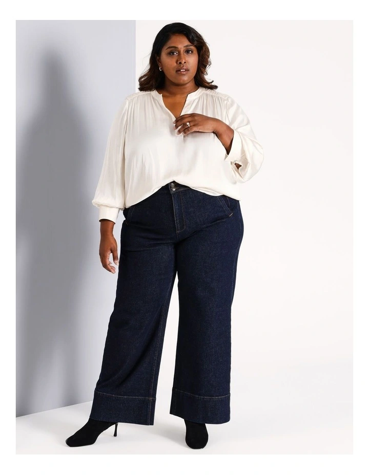 Recycled Polyester V-Neck Satin Blouse in Ecru