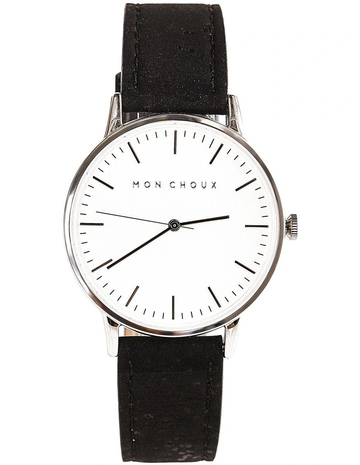 Classic Black Cork Vegan Leather Watch 38mm in White/Silver