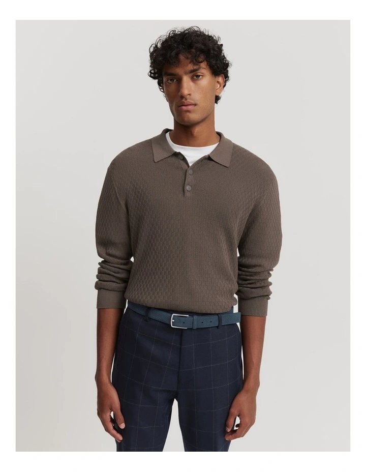 Cotton Silk Textured Long Sleeve Polo in Mocha