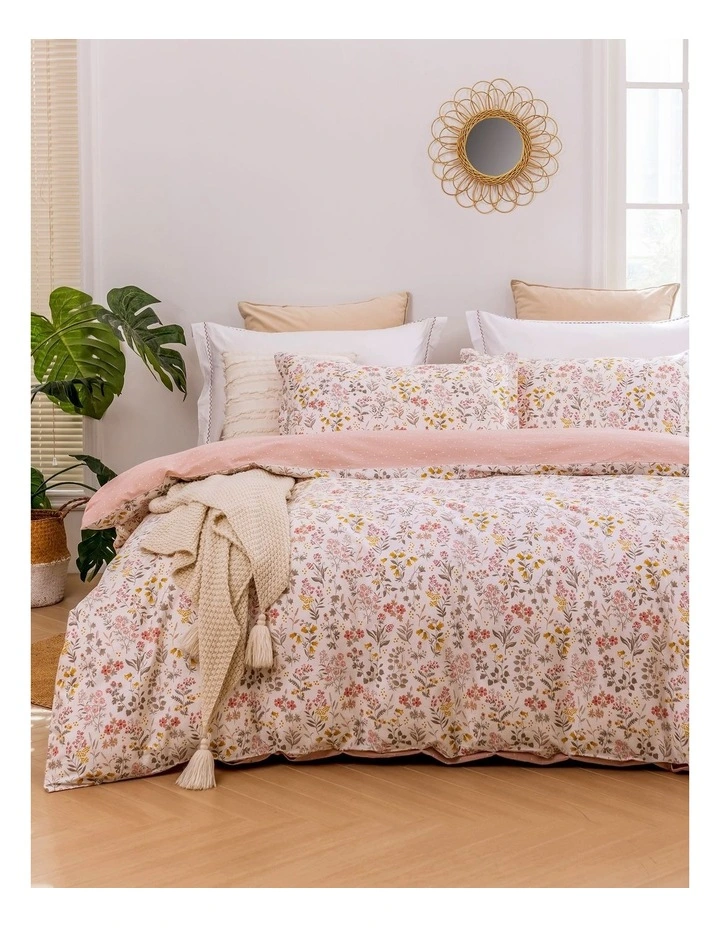 Cottage Flowers Cotton Reversible Quilt Cover Set in Pink