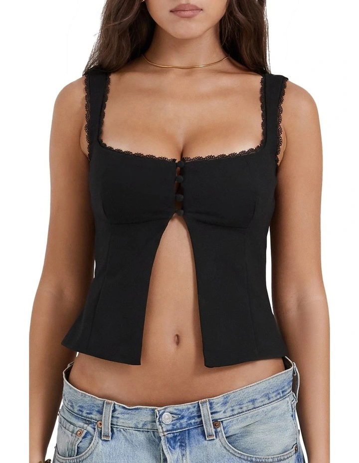 Noura Lace Trim Top in Black