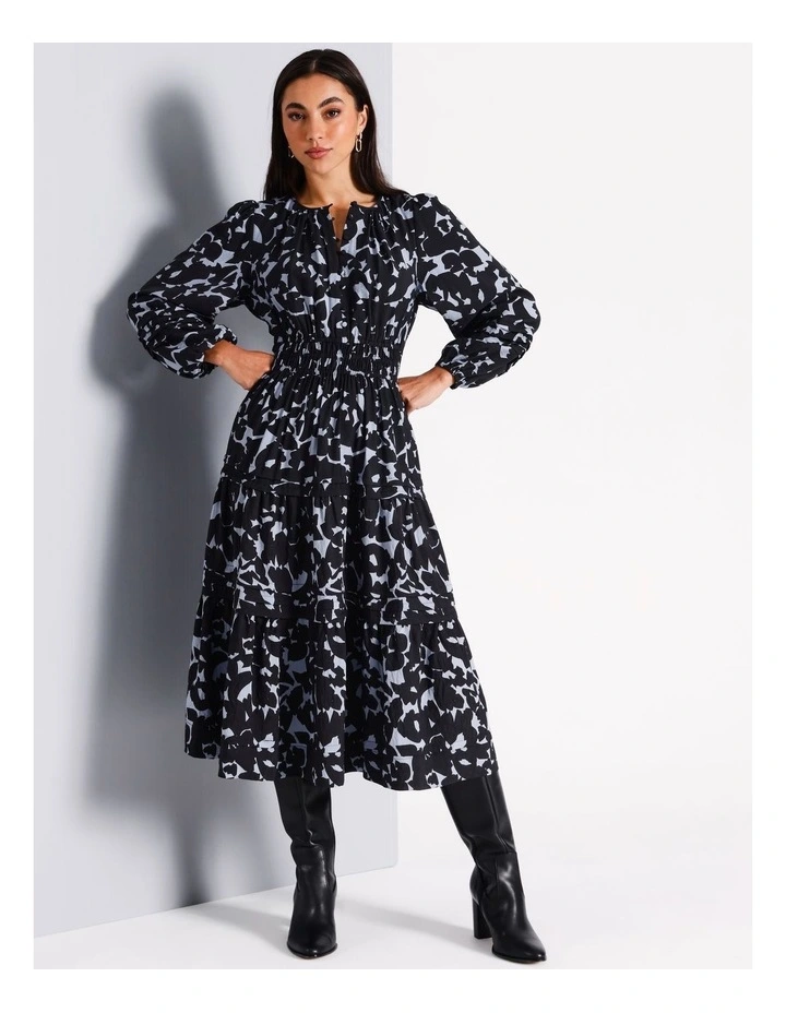 Long Sleeve Pintuck Midi Dress in Harbour Blue
