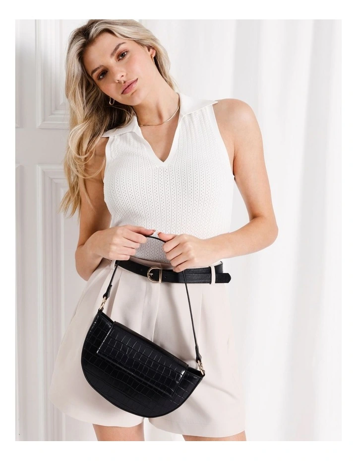 Charlie Croc Shoulder Bag in Black