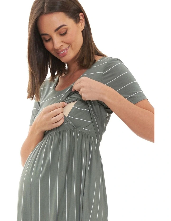 Crop Top Nursing Dress in Olive/White