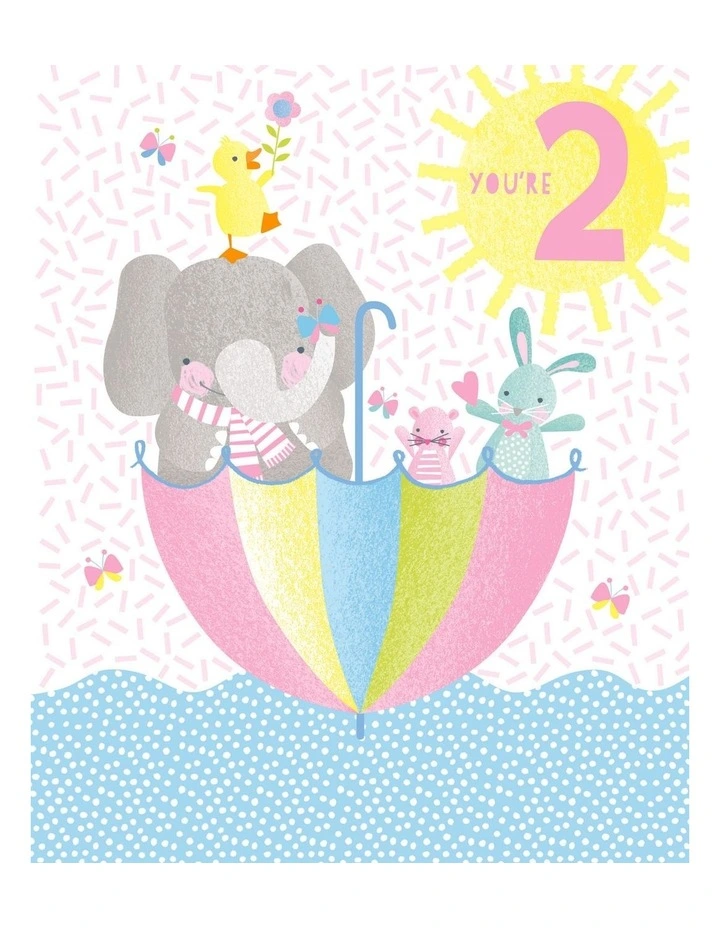 2nd Birthday girl card elephant in umbrella