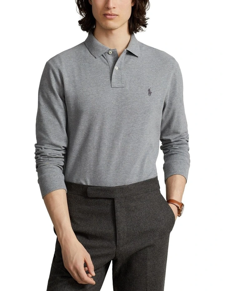 Classic Fit Mesh Long-Sleeve Polo Shirt in Grey