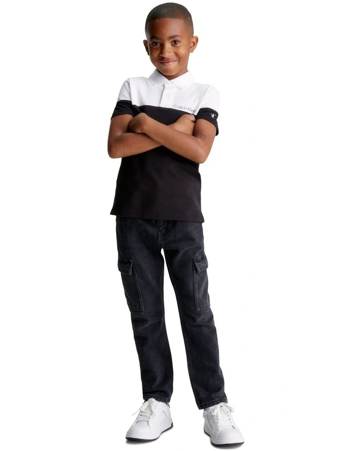Pique Color Block Short Sleeve Polo T-shirt in Black