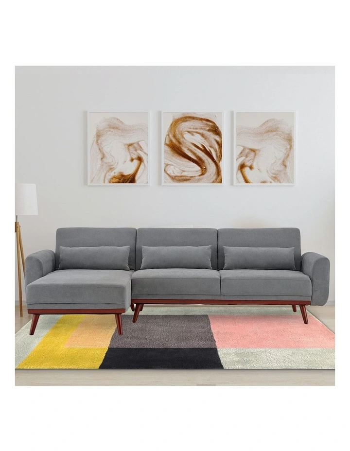 Corner Sofa Bed Faux Velvet Lounge Couch Modular Chaise Light Grey