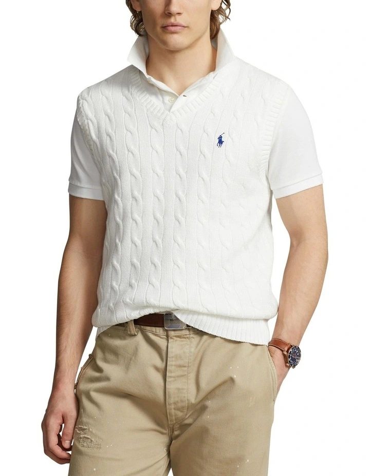 Cable-Knit Cotton Sweater Vest in White