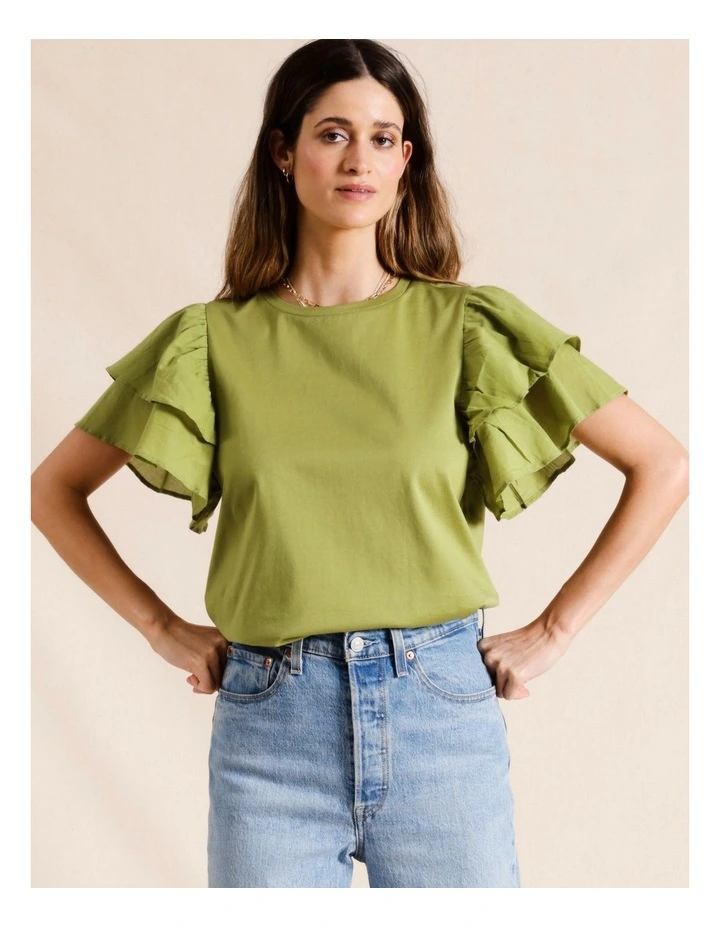 Double Flutter Sleeve Tee in Khaki