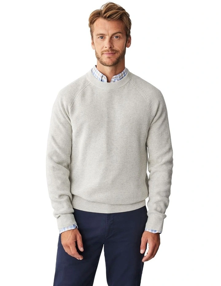 Cotton Raglan Crew Knit Sweater in Oatmeal