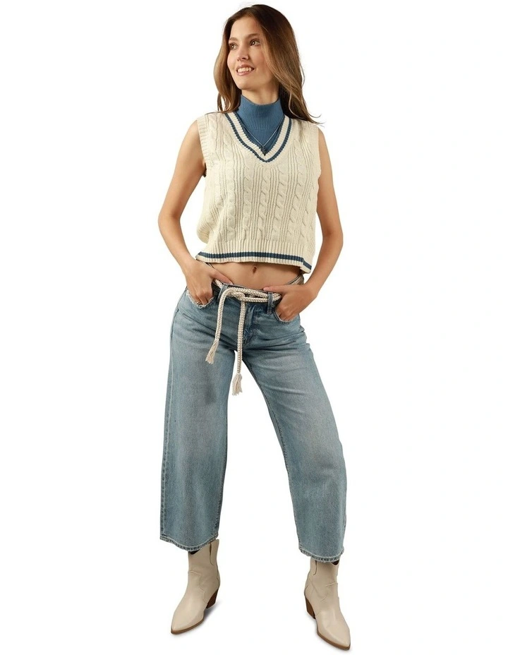 V-Neck Cable Vest in Cream