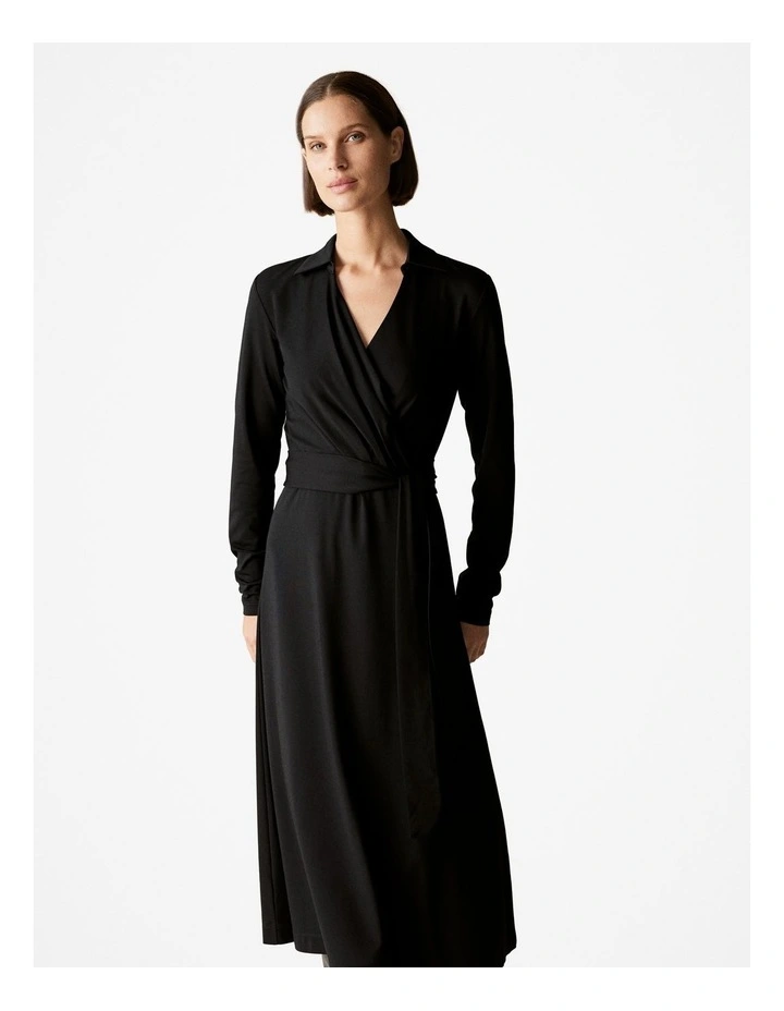 Jersey Collared Wrap Detail Dress in Black