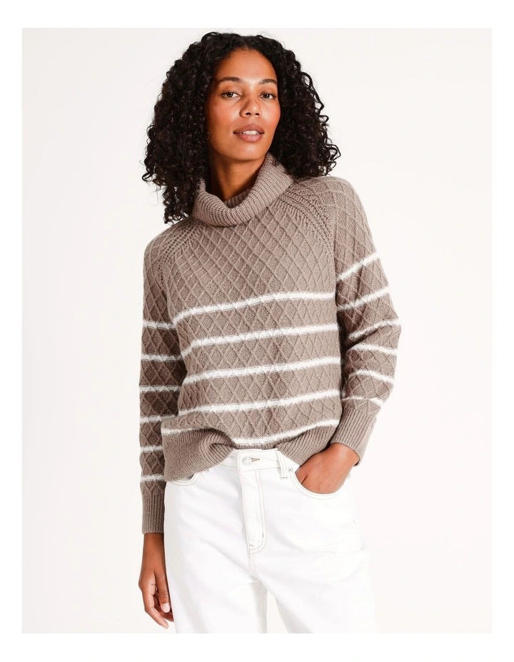 Recycled Blend Roll Neck Cable Stripe Jumper in Taupe Gray/White Stripe