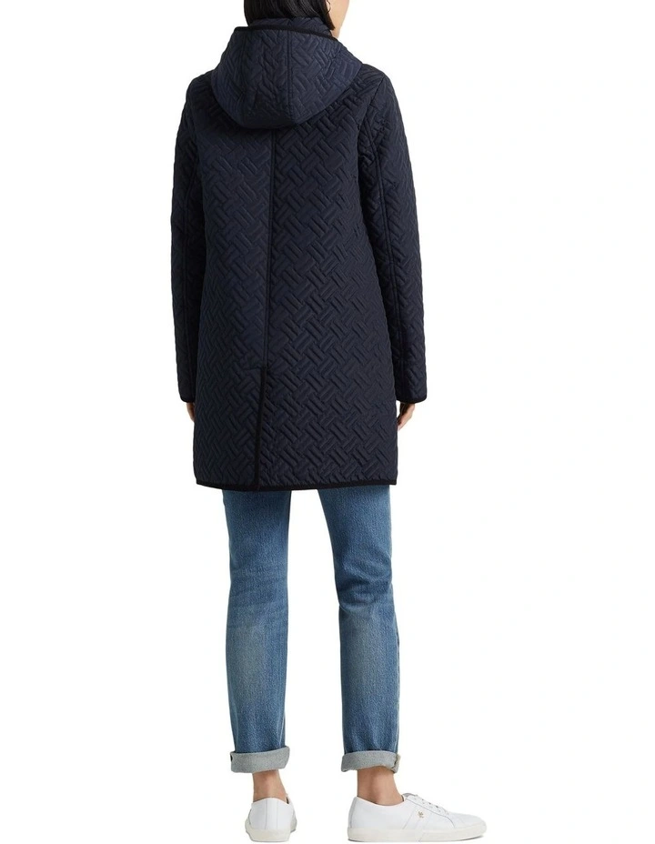 Corduroy-Trim Quilted Hooded Coat in Navy