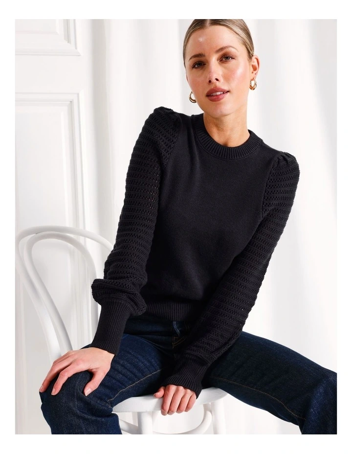 Organic Cotton Blend Sleeve Detail Knit Jumper in Navy