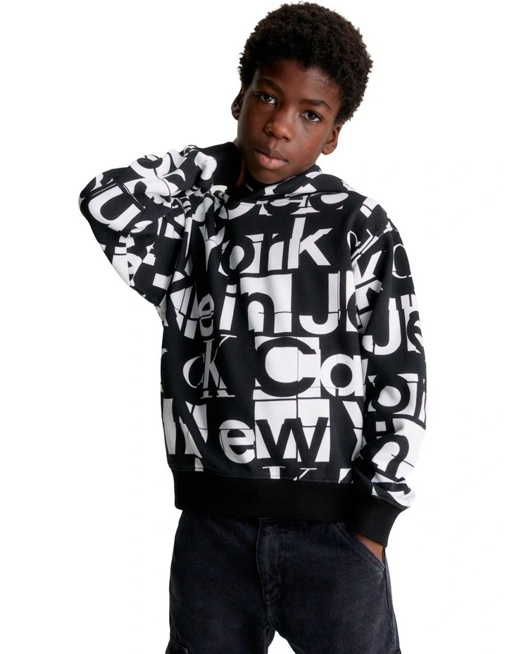 Grid All-Over Print Hoodie in Cut Letter Aop Black
