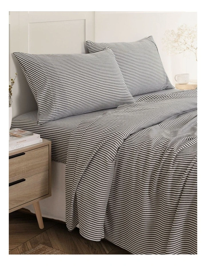 Luxury Striped Linen Blend Queen Sheet Set in Charcoal