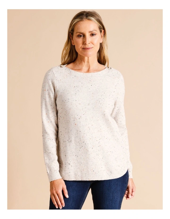 Button Neck Jumper With Curved Hem In Neutral Fleck