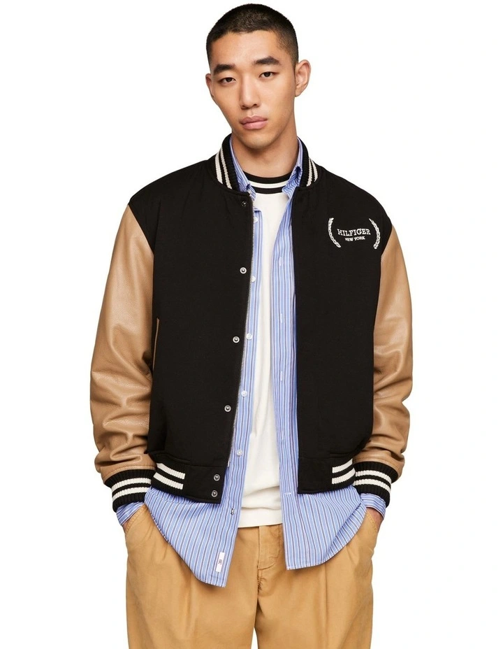 Wool Leather Varsity Jacket in Black