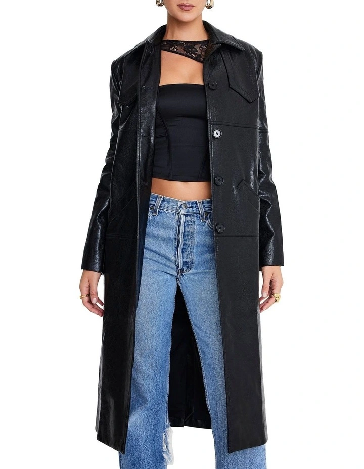 Tailored Vegan Leather Coat in Black