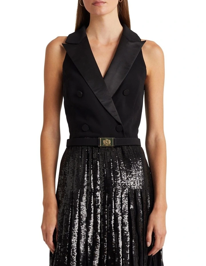 Belted Crepe Sleeveless Dress in Black