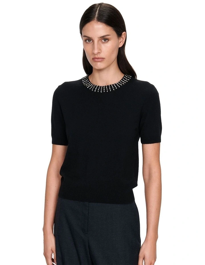 Beaded Short Sleeve Knit Top in Black