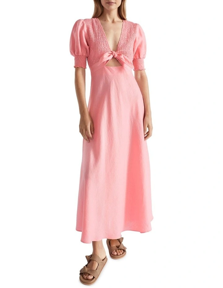 Linen Shirred Tie Front Midi Dress