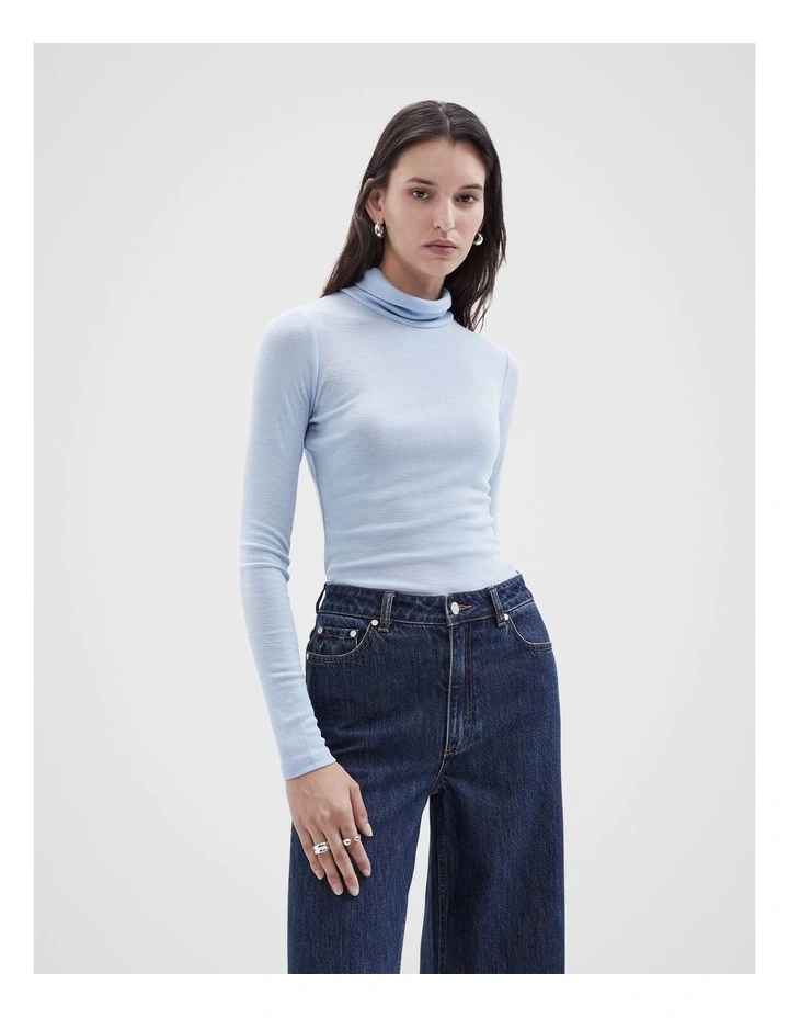 High Neck Long Sleeve Top in Smoke Blue