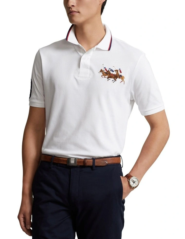 Custom Slim Fit Triple-Pony Polo Shirt in White