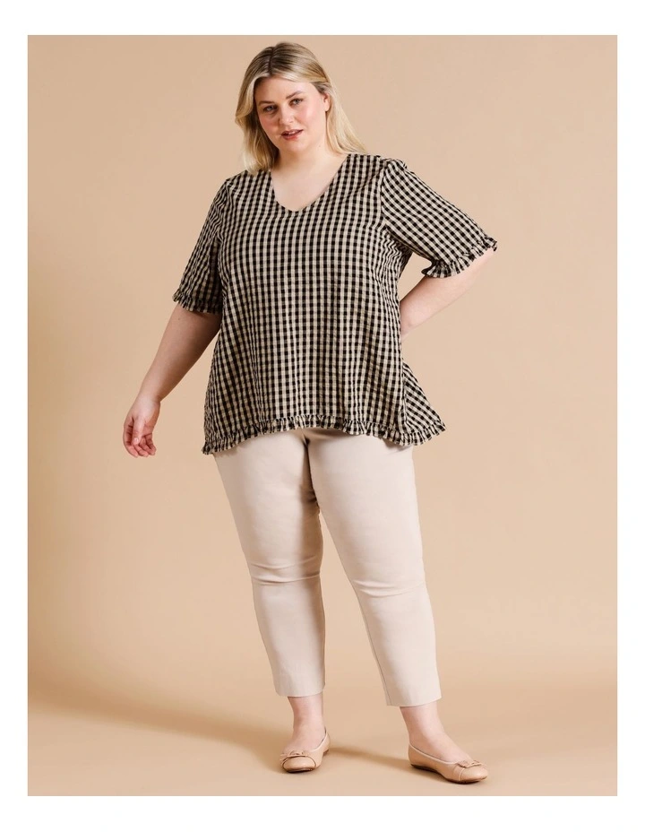 Frill Hem and Short Sleeve Top in Black/Neutral Gingham