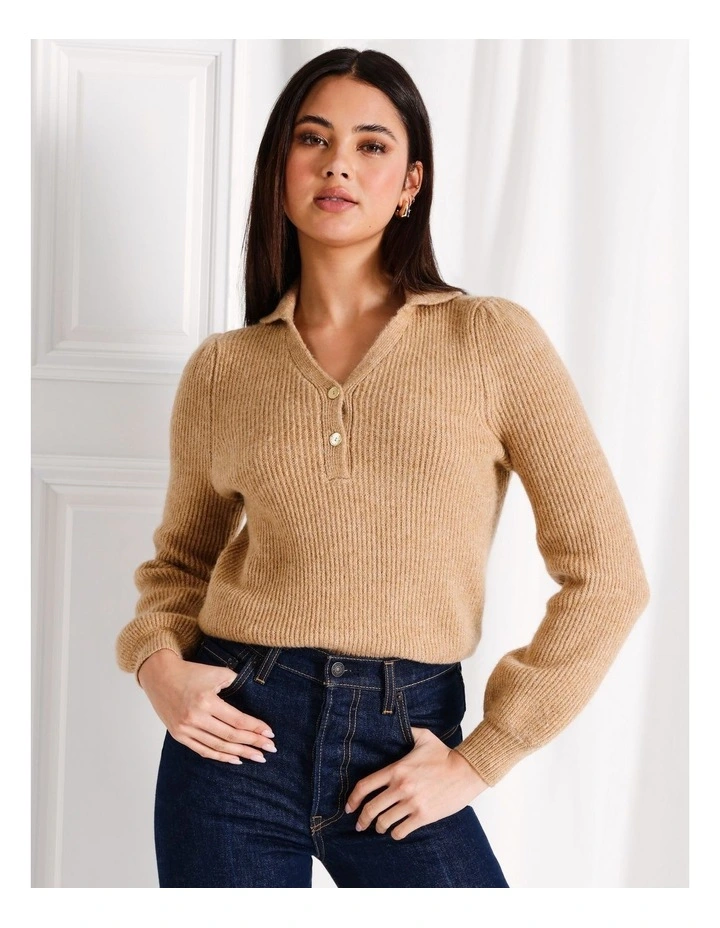 Half Placket Puff Sleeve Knit Jumper in Camel