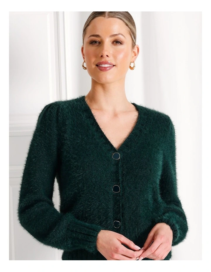 Recycled Blend V-Neck Fluffy Knit Cardigan in Dark Green