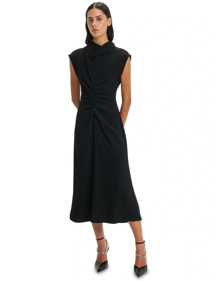 Draped Neck Midi Dress in Black