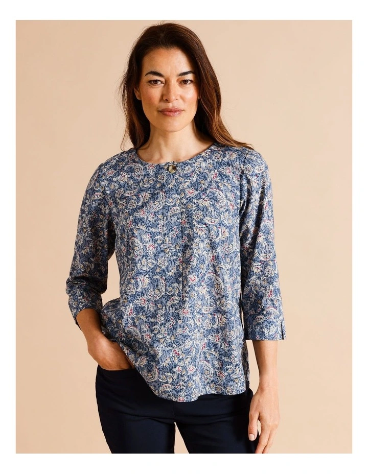 Organic Cotton 3/4 Sleeve Swing Top Button Neck in Blue Paisley Print