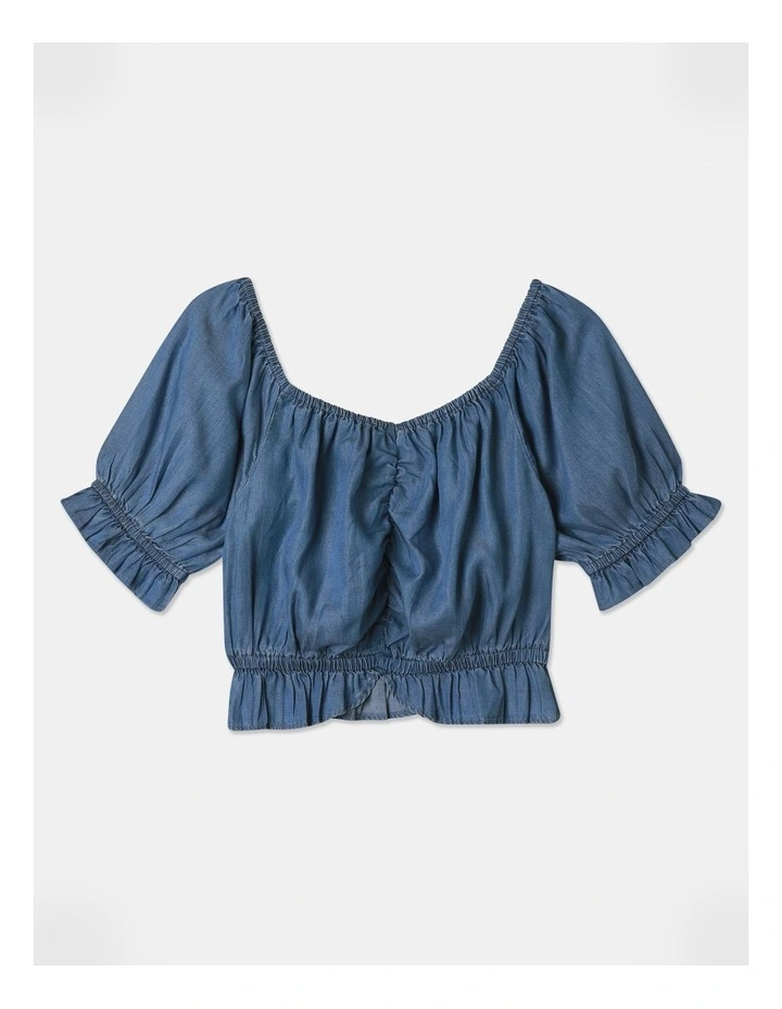 Cropped Puff Sleeve Top in Light Denim