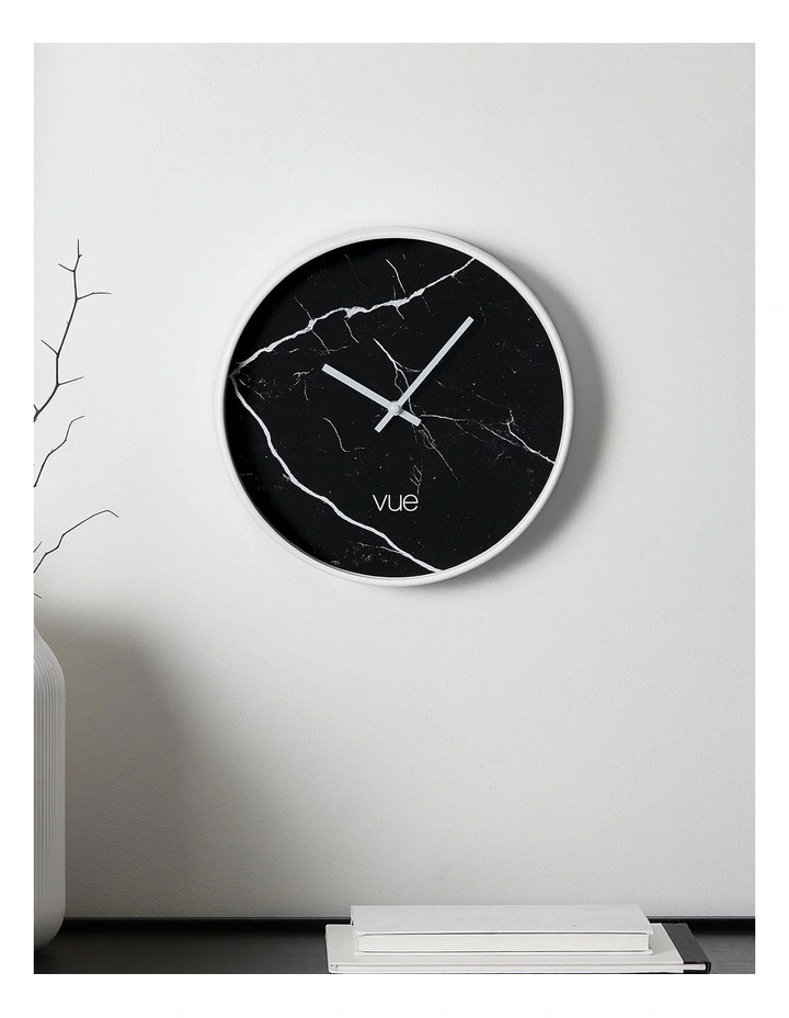 Malvern Silver Frame Marble Clock 30cm in Black/White
