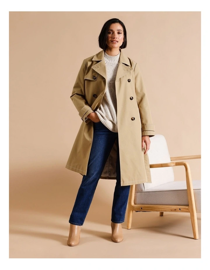 Lined Trench Coat With Contrast Stitching In Camel