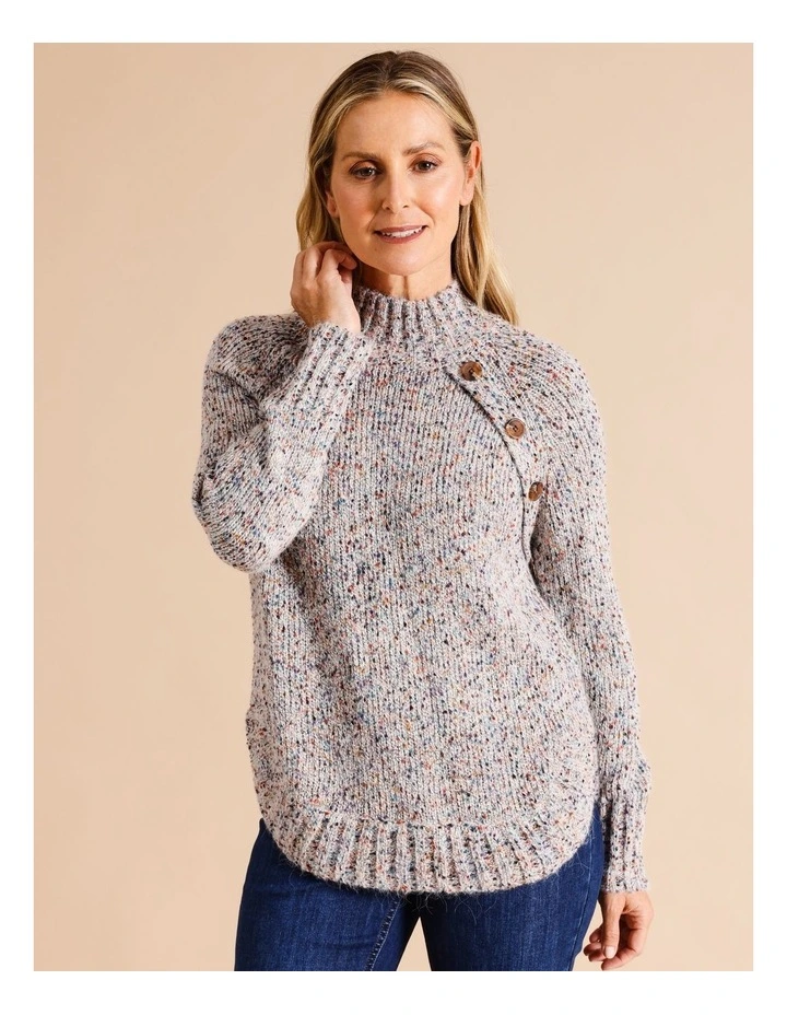 Button Side Neck Curved Hem Jumper In Grey With Bright Flecks