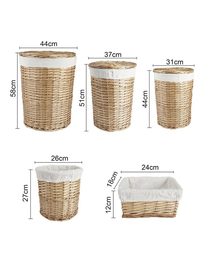 5 Piece Wicker Storage Baskets with Liner Set in Natural