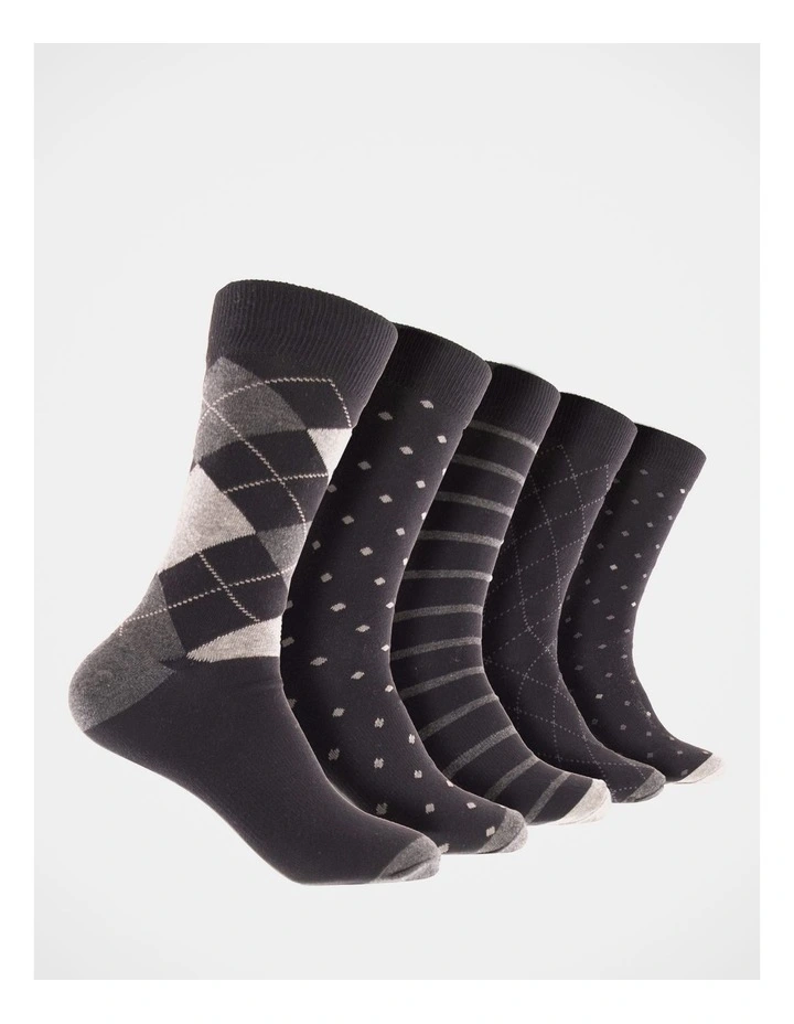 Men's Cotton Pattern Socks 5 Pack in Black