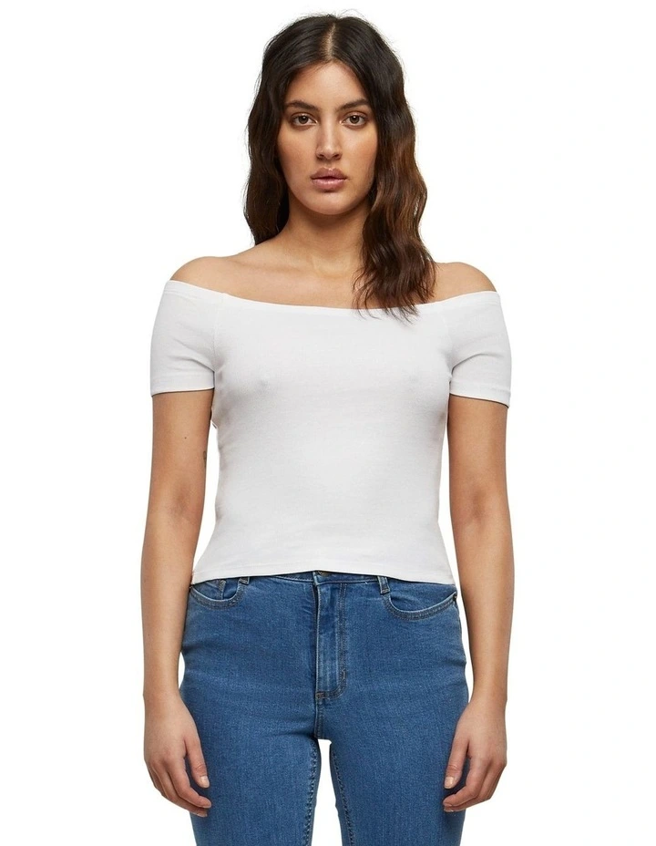 Off Shoulder Rib Tee in White