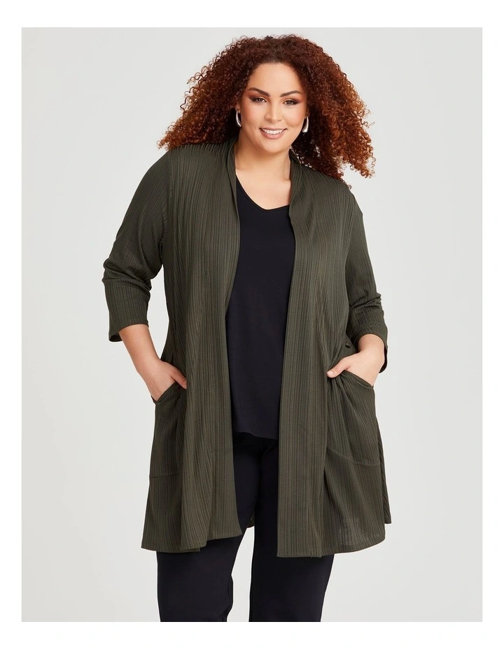 Rib Knit Long Cardigan in Khaki