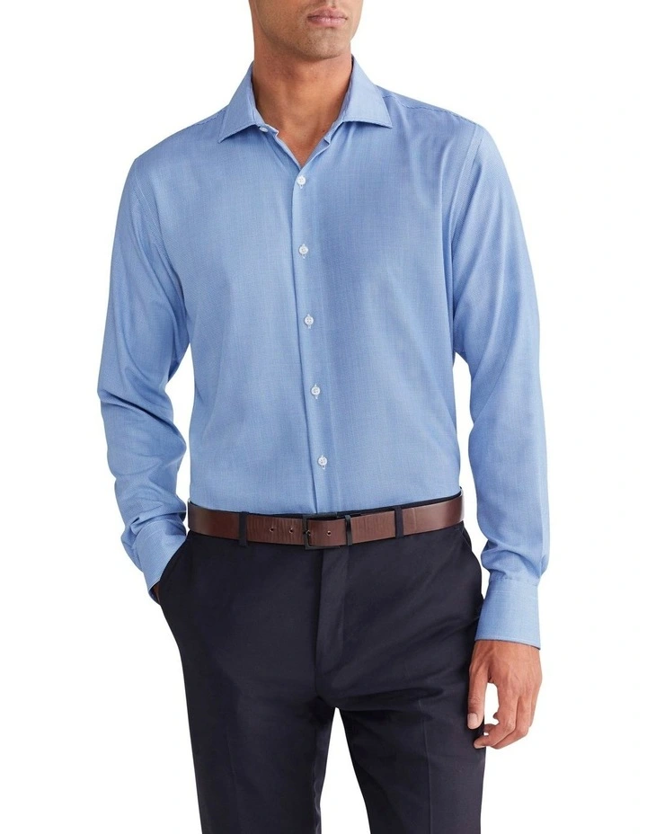 Mini Houndstooth Tailored Long Sleeve Shirt in Blue