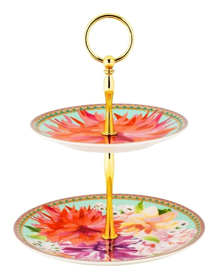 Teas & C's Dahlia Daze 2 Tiered Cake Stand Gift Boxed in Multi