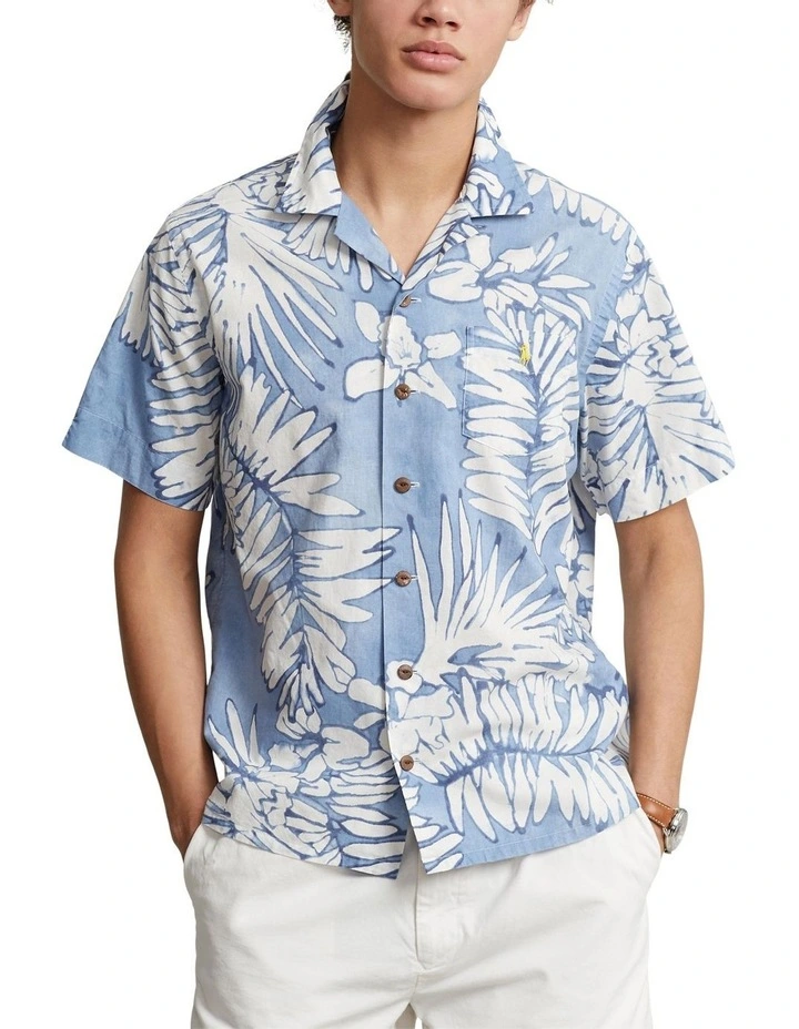 Classic Fit Palm Cotton-Linen Camp Shirt in Blue