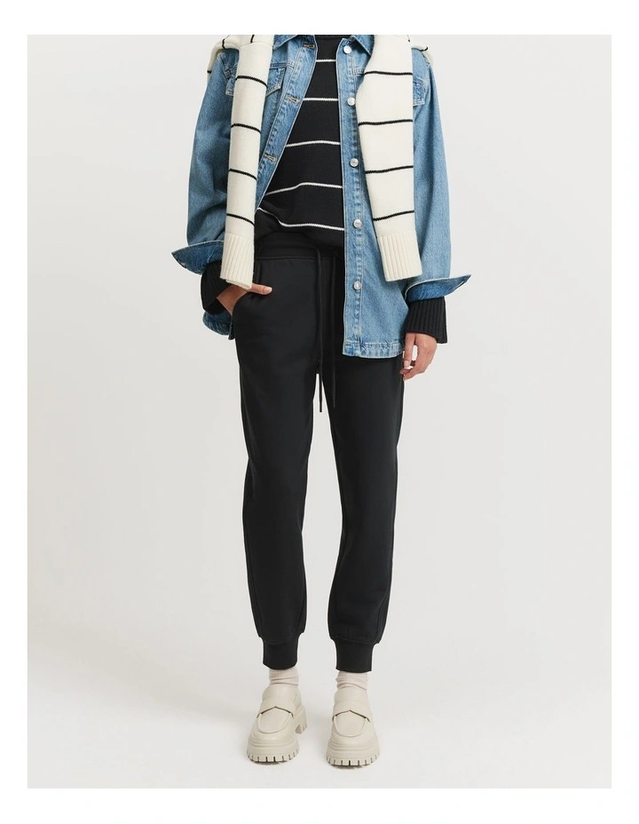 Australian Cotton Rib Cuff Track Pant in Black