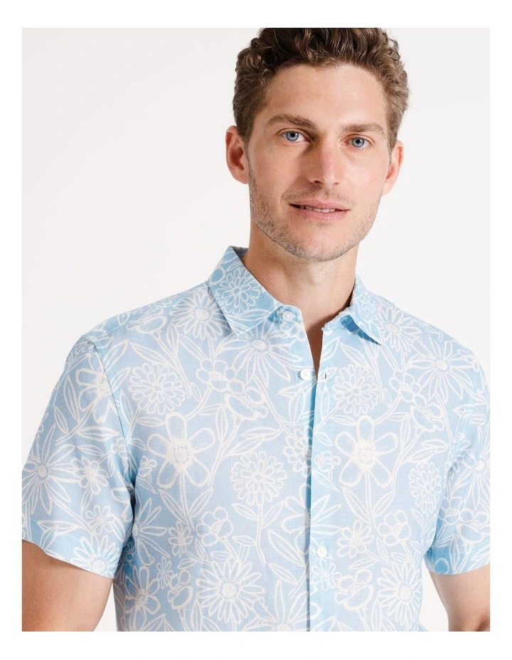 Slater Floral Print Short Sleeve Linen Blend Shirt in Blue
